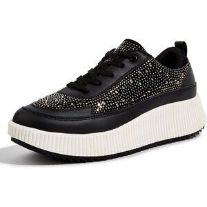 Women's Black Platform Rhinestone Fashion Casual Sparkly Retro Sneakers